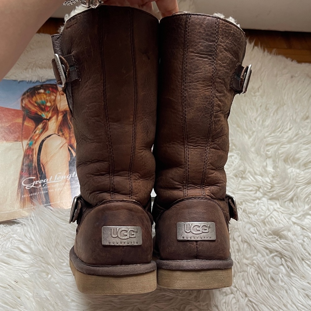 UGG Dark Brown Leather Moto Kensington Biker Engineer Sheepskin Boots - Picture 7 of 13